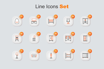 Set line Wardrobe, Bunk bed, Coat stand, Sofa, Floor lamp, Library bookshelf and icon. Vector