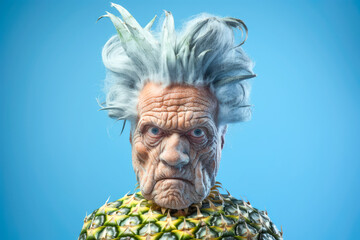 Funny portrait of senior man made from pineapple. AI generative art