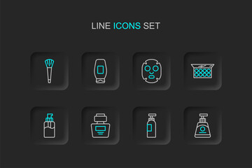 Set line Cream or lotion cosmetic tube, Bottle of shampoo, Perfume, liquid soap, Makeup powder with mirror, Facial mask, and brush icon. Vector