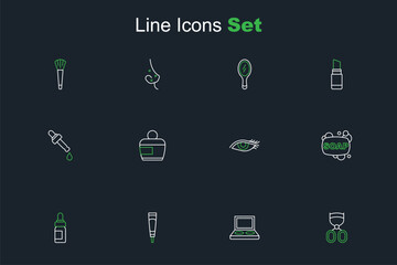 Set line Eyelash curler, shadow palette with brush, Cream or lotion cosmetic tube, Essential oil bottle, Bar of soap, Woman eye, and Pipette icon. Vector