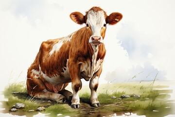 Contented Cow Clipart Watercolor Painting