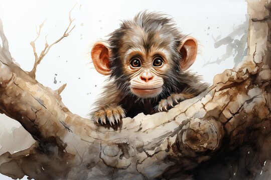 Curious Monkey Clipart Watercolor Painting