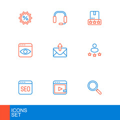 Set line Magnifying glass, Video advertising, SEO optimization, Consumer product rating, Personal information collection, Mail and e-mail, and Headphones icon. Vector
