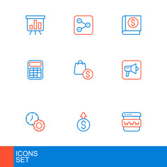 Set line Browser window, Financial growth dollar, Time management, Megaphone, Calculator, shopping bag and, book and Share icon. Vector