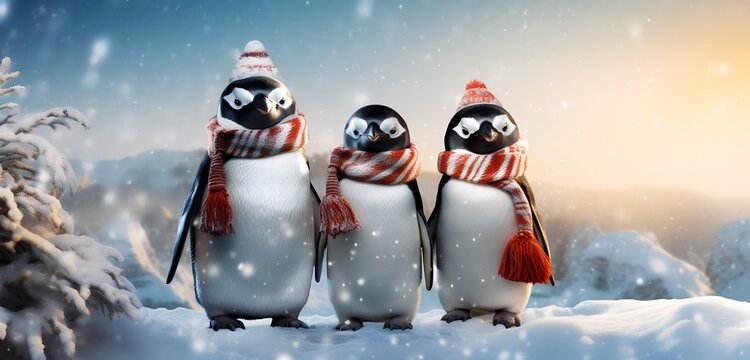 Festive Penguin Family with North Pole Backdrop