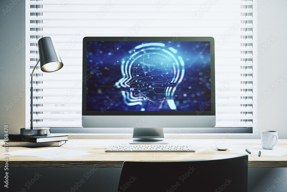 Poster creative artificial intelligence concept with human head hologram on modern laptop screen. 3d render