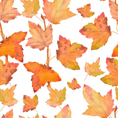 Viburnum branch with yellow leaves drawn in watercolor. Seamless pattern.