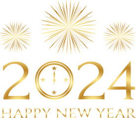 happy new year 2024 - golden design, golden fireworks, clock, no background, PNG - obrazy, fototapety, plakaty