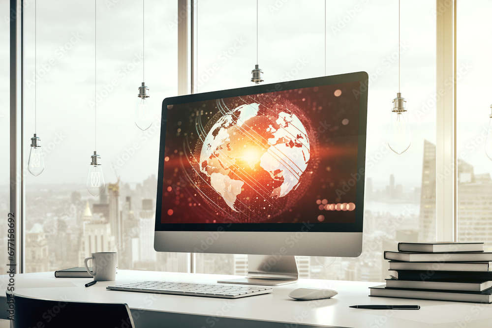 Poster Modern computer screen with abstract creative digital world map, research and analytics concept. 3D Rendering