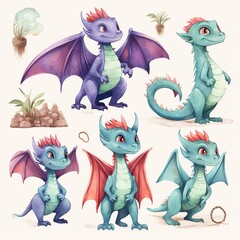 set of funny cartoon dragons
