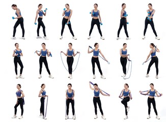 Collection of body workout training with exercise posture for athletic woman in different various...