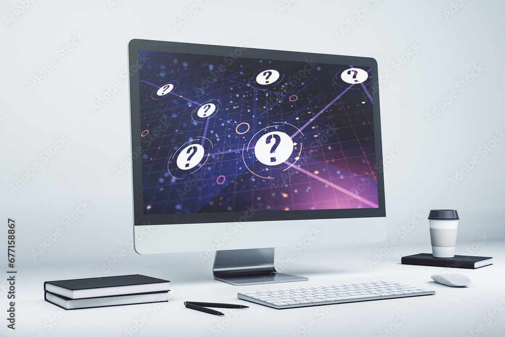 Aufkleber creative abstract question mark hologram on modern computer monitor, future technology concept. 3d r