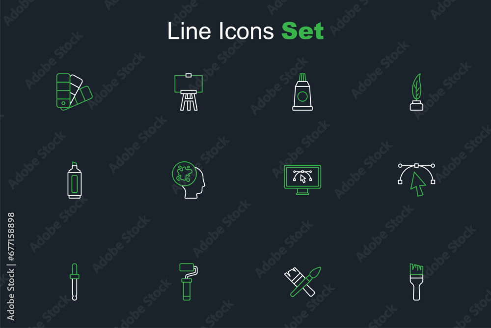 Poster set line paint brush, roller, eyedropper color picker palette, bezier curve, computer with design pr