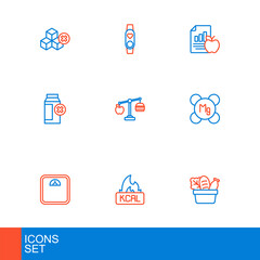 Set line Shopping bag and food, Kcal, Bathroom scales, Magnesium, Lactose intolerance, Calorie calculator, Diet plan and Smart watch with heart icon. Vector