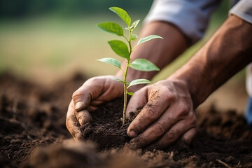 Fototapeta premium A close-up of hands planting a tree sapling, symbolizing environmental conservation, creativity with copy space