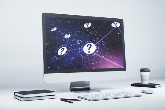 Creative abstract question mark hologram on modern computer monitor, future technology concept. 3D Rendering