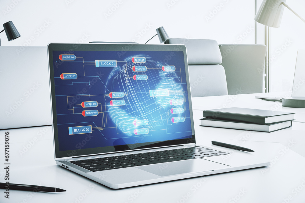 Leinwandbilder modern computer screen with abstract creative coding sketch and world map, artificial intelligence a