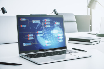 Modern computer screen with abstract creative coding sketch and world map, artificial intelligence and neural networks concept. 3D Rendering