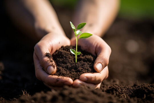 A close-up of a person's hand holding soil with sprouting seeds, signifying growth and renewal, creativity with copy space