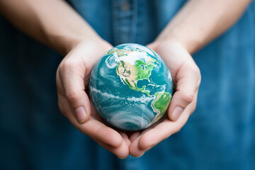 A close-up of hands holding a globe with a "Protect Our Planet" banner, symbolizing global conservation efforts, creativity with copy space