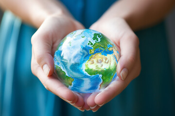 A close-up of hands holding a globe with a "Protect Our Planet" banner, symbolizing global conservation efforts, creativity with copy space