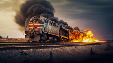 Train derailment accident and fire. Burning train - obrazy, fototapety, plakaty
