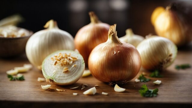 Close up high resolution image of fresh garlic and shallot on the table. Generative AI.