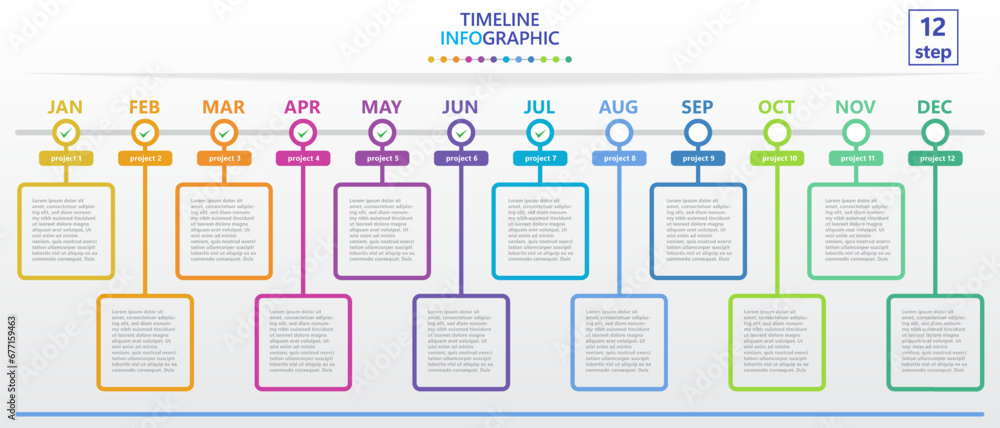 Poster Infographic template for business. Modern Timeline diagram calendar with 12 steps and tick marks for target achievement.
