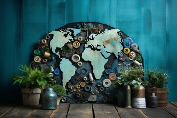A creative arrangement of upcycled materials forming Earth-inspired art, emphasizing creative reuse, creativity with copy space - obrazy, fototapety, plakaty