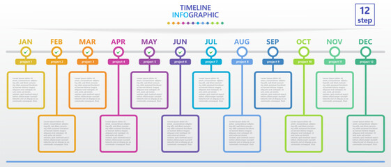 Infographic template for business. Modern Timeline diagram calendar with 12 steps and tick marks for target achievement.