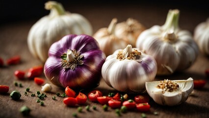Close up high resolution image of natural and organic garlic, onion, and spices. Generative AI.