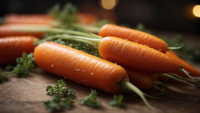 Close up high resolution image of fresh and natural carrots on the table. Generative AI.