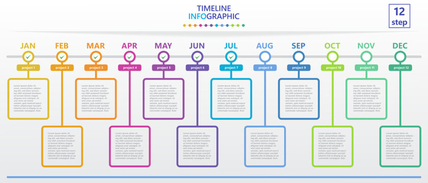 Infographic template for business. Modern Timeline diagram calendar with 12 steps and tick marks for target achievement.