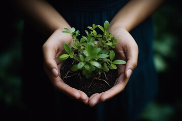 A close-up of hands holding a globe with plant sprouts, symbolizing the interconnectedness of people and nature, creativity with copy space