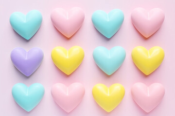 Colorful pastel plastic hearts pattern on pastel background
