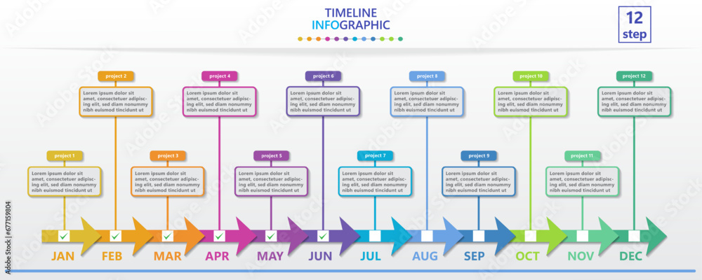 Aufkleber Infographic template for business. Modern Timeline diagram calendar with 12 steps and tick marks for target achievement.