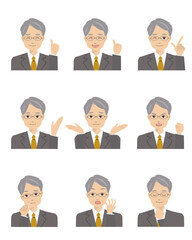 色々な表情をしたスーツ姿の初老男性のイラスト（仕草付き）