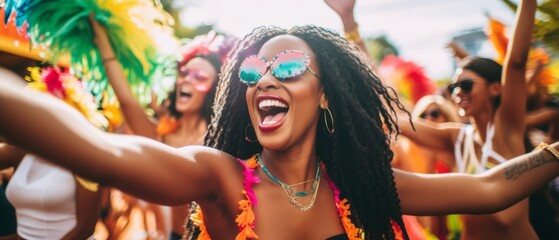Fototapeta premium Bright carnival costumes. A fun celebration of a Brazilian party