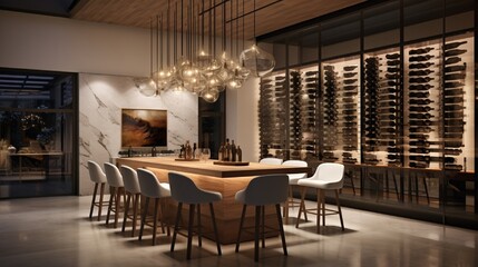 A contemporary wine tasting room with a tasting bar, climate-controlled storage, and accent lighting.