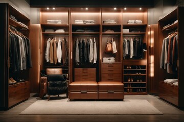 Modern wooden wardrobe with clothes and accessories in brown and beige tones - obrazy, fototapety, plakaty