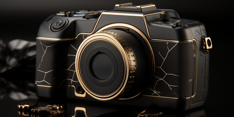 Foto Kamera in gold schwarz edel verarbeitet als Symbol im Querformat für Banner, ai generativ - obrazy, fototapety, plakaty