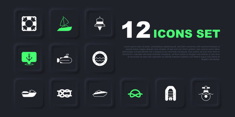Set Inflatable boat with motor, Submarine, Nautical rope knots, Anchor, Yacht sailboat and Speedboat icon. Vector