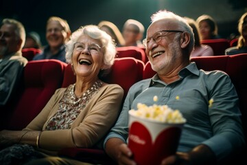 Senior people watching comedy movie in cinema theater on red velvet seat background.