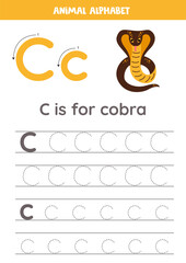 Tracing alphabet letters for kids. Animal alphabet. c is for cobra.