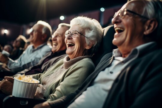 Senior people watching comedy movie in cinema theater on red velvet seat background.