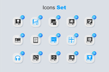 Set Book about geometry, E-Book reader, Financial book, Headphones, History, User manual and Translator icon. Vector