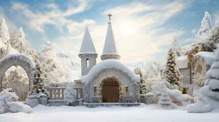 Fototapeta premium A tranquil winter scene featuring a picturesque church nestled amidst a snowy landscape, under a clear blue sky.