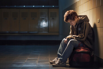 Bullying at school between teenagers. Lonely sad boy  sitting on the school floor. Torturing, social exclusion concept. Puberty difficult age. - obrazy, fototapety, plakaty