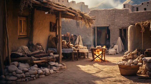  the essence of an ancient market, filled with traditional pottery, baskets, and other intriguing goods.
