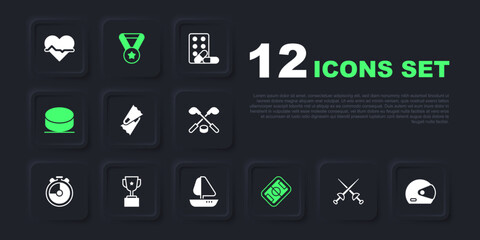 Set Fencing, Racing helmet, Flippers for swimming, Football field, Hockey puck, Award cup, Medal and Yacht sailboat icon. Vector